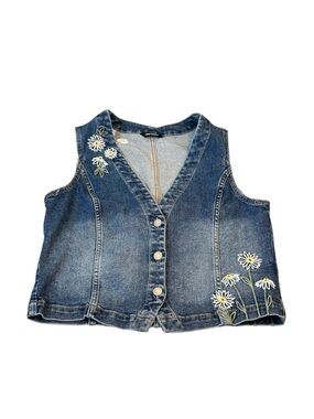 Driftwood Daisy Flower Embroidered Blue Denim Vest Boho Cottagecore Western